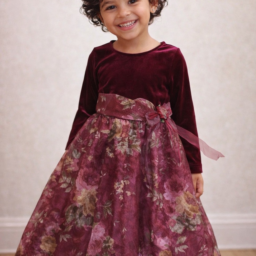 Rare Editions Burgundy Red Wine Velvet Sheer Autumnal Floral Petticoat Dress